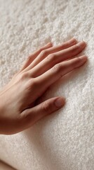 A gentle hand explores the soft, textured surface of a plush, white fabric.