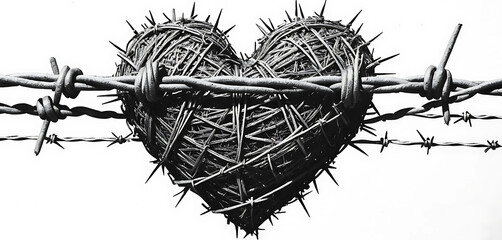 Barbed wire heart in heavy stipple and torn zine grain, bleeding punk emotion
