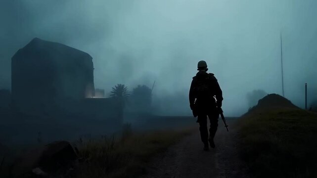 A lone, battle-worn soldier of African descent trudges across a muddy battlefield at dusk, clad in tattered olive green fatigues, his face grim, short-cropped black hair, carrying a rifle, with smoke 