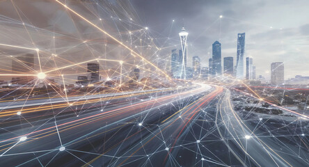 A vibrant city skyline illuminated at night, showcasing its connectivity to the internet with glowing lights, Generative AI.