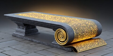a dark themed milestone scroll being unrolled on an ancient stone table with glowing inscriptions