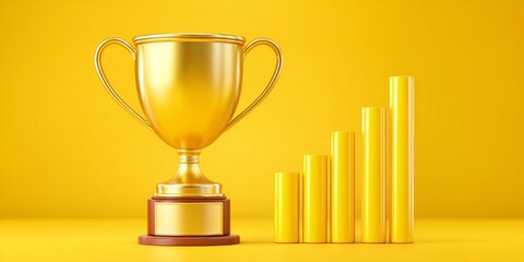 a realistic photo of a gold trophy next to a rising chart display