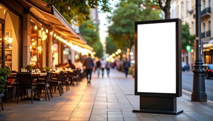 Outdoor Advertising Billboard on Street with Cafe or Restaurant During Evening Time Creates Attraction
