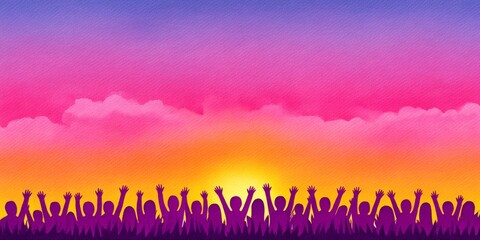 a watercolor painting of a sunset-themed milestone event with team members gathered in celebration