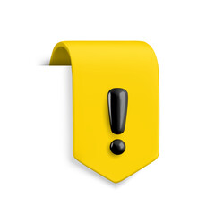 Vector Realistic 3d yellow ribbon attention bookmark sign. Cartoon 3d render of exclamation mark sticker. Warning sign, caution notification button ribbon tag for web, infographic, ui, game, app.