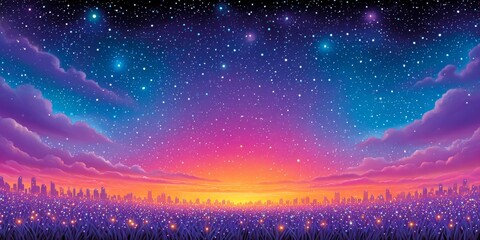 a watercolor painting of a sunset-themed milestone event with team members gathered in celebration