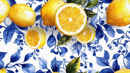 Seamless watercolor pattern with lemons and blue leaves on white background. Bright citrus texture for packaging, textile, and summer design.
