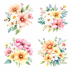 Set Watercolor summer bouquet colorful flowers on white background, Watercolor bouquet
