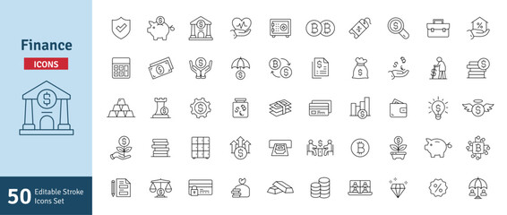 Finance Line Icons Set. Funding, Economy, Investment, Strategy, Growth, Piggy Bank, Payment, Banking, Money, Investor Icons. Editable Stroke Vector Illustration