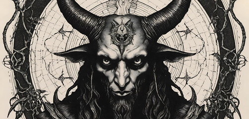 Baphomet symbol in dense stipple ink with torn zine shadows
