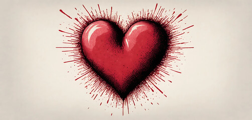 Bleeding razorline heart in stipple, grunged with noise halftone paper grain
