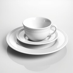 Fototapeta premium An isolated, ultra-detailed photograph of white porcelain dinnerware set on a white background, realistic photography