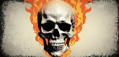 Flaming skull with overexposed halftone textures and grungy collage noise
