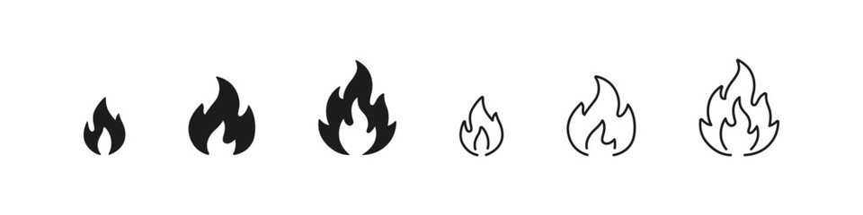 Fire icons in small, medium, and large size variations. Flame flat and outline icon set.