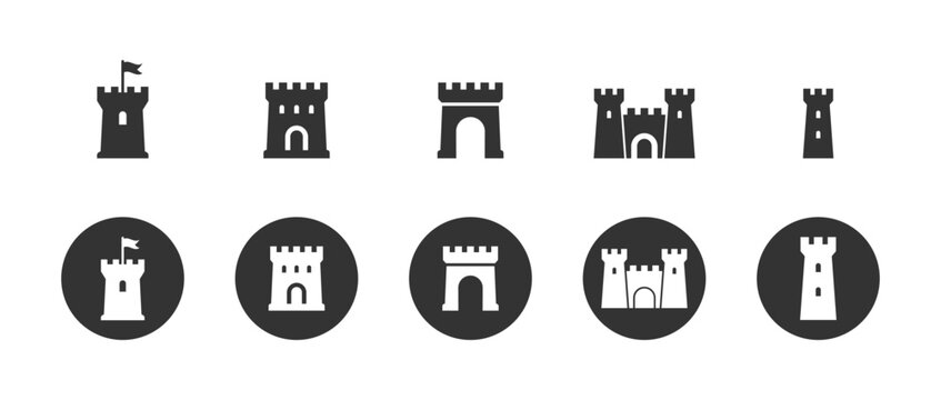 Fortress vector icon in flat and circular style. Medieval castle symbol collection in clean shape