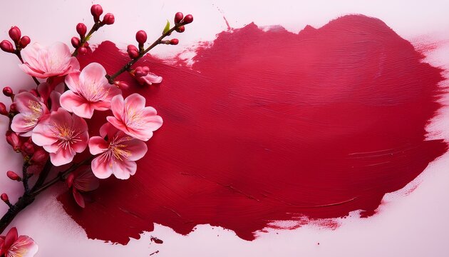 pink cherry blossom on the red brush strokes with copy space for text