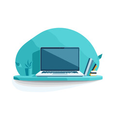 Stylized workspace illustration with laptop and books for productivity and online learning concept