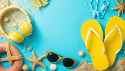 Yellow summer beach concept mockup.  Flip-flops, headphones, sunglasses, starfish, shells, and inflated rings on a blue background are summer accessories.