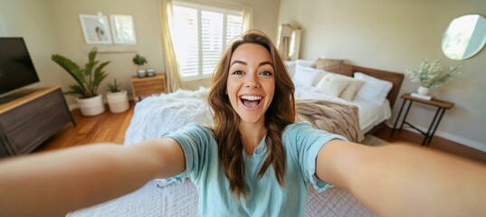 Obraz premium Influencer taking a selfie in bedroom showing excitement
