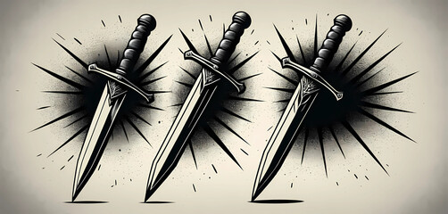 Crossed daggers with halftone noise shadow and stipple scratch fill.

