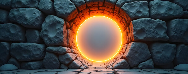 A circle cut through a stone wall with glowing edges
