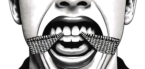 Zipper mouth illustration with photocopied halftone static.
