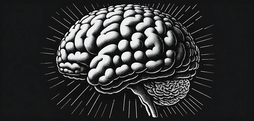 Brain in stipple with punk glitch halftone and photocopy shadows.
