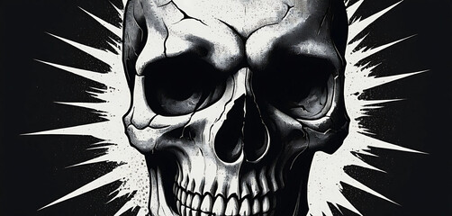 X-ed out eyes skull with smeared halftone and paper tear texture.
