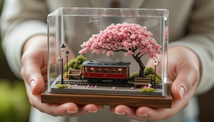 A highly detailed miniature diorama inside a transparent display case, held in a person's hands. Inside the case, there's a realistic red train on tracks passing beneath a blooming cherry blossom tree
