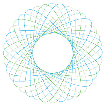 Geometric circular line art vector with editable strokes. Abstract blue and green spirograph pattern creating an elegant, intricate symmetrical design element.