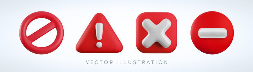 Vector Cartoon 3d Red prohibition, ban and stop sign set. Realistic 3d render of shiny round block icon with diagonal strip, cross, road stop, triangle exclamation sign. Ban entry, forbidden symbol.