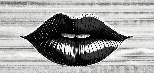 Stitched lips illustration in photocopy grunge and halftone overlay.

