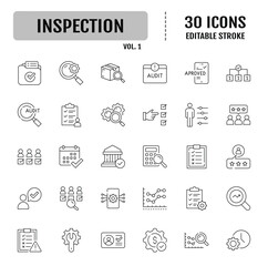 Inspection line icon set. Containing Inspection, supervision, examination, inspection assessment. Editable stroke. Vector illustration