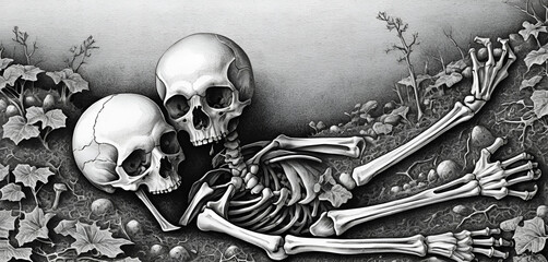 Half-buried bones in stipple linework with photocopy scratch textures.
