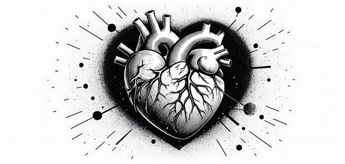 Exploded heart diagram with punk halftone static and stipple scatter.
