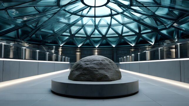 Ancient temple preserved within a futuristic glass dome.
