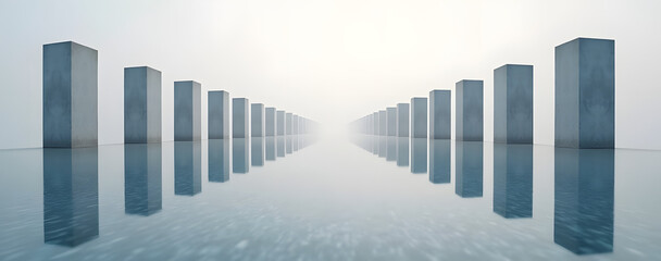 Abstract columns forming a circle on a calm mirrored surface