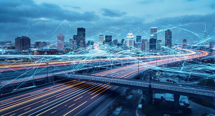 A cityscape with network lines and traffic connecting various areas, illustrating urban connectivity and movement, Generative AI.