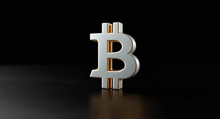 3D bitcoin symbol on a sleek black surface, showcasing its vibrant color and unique design against a dark background, Generative AI.
