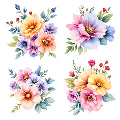 Set Watercolor bouquet colorful flowers on white background, Watercolor bouquet