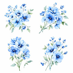 Fototapeta premium Watercolor blue flowers hand drawn floral illustration set on white background