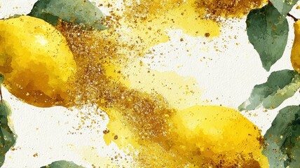 Elegant lemon composition with watercolor splashes and gold texture. Modern fruit seamless background for packaging, labels, and botanical design.