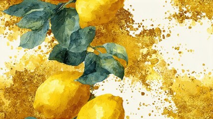 Elegant lemon composition with watercolor splashes and gold texture. Modern fruit seamless background for packaging, labels, and botanical design.