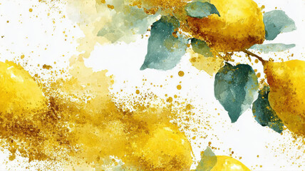 Elegant lemon composition with watercolor splashes and gold texture. Modern fruit seamless background for packaging, labels, and botanical design.