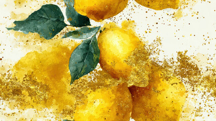 Elegant lemon composition with watercolor splashes and gold texture. Modern fruit seamless background for packaging, labels, and botanical design.