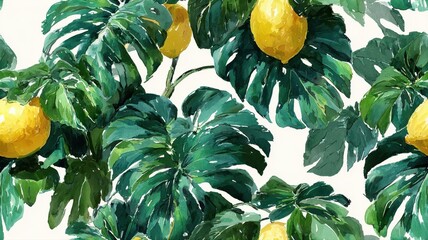 Seamless tropical pattern with watercolor lemons and monstera leaves. Exotic fruit background for packaging, textile, and summer design.
