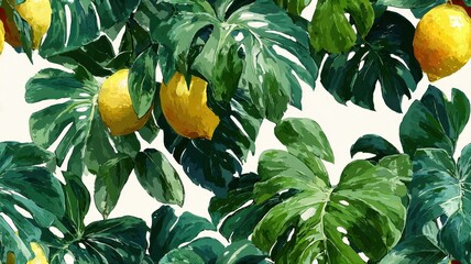 Seamless tropical pattern with watercolor lemons and monstera leaves. Exotic fruit background for packaging, textile, and summer design.