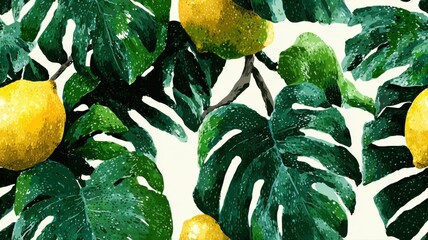 Seamless tropical pattern with watercolor lemons and monstera leaves. Exotic fruit background for packaging, textile, and summer design.