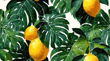 Seamless tropical pattern with watercolor lemons and monstera leaves. Exotic fruit background for packaging, textile, and summer design.