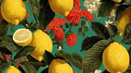 Seamless botanical pattern with realistic lemons, red flowers, and green leaves on colorful background. Mediterranean fruit design for textile, packaging, and summer decor.